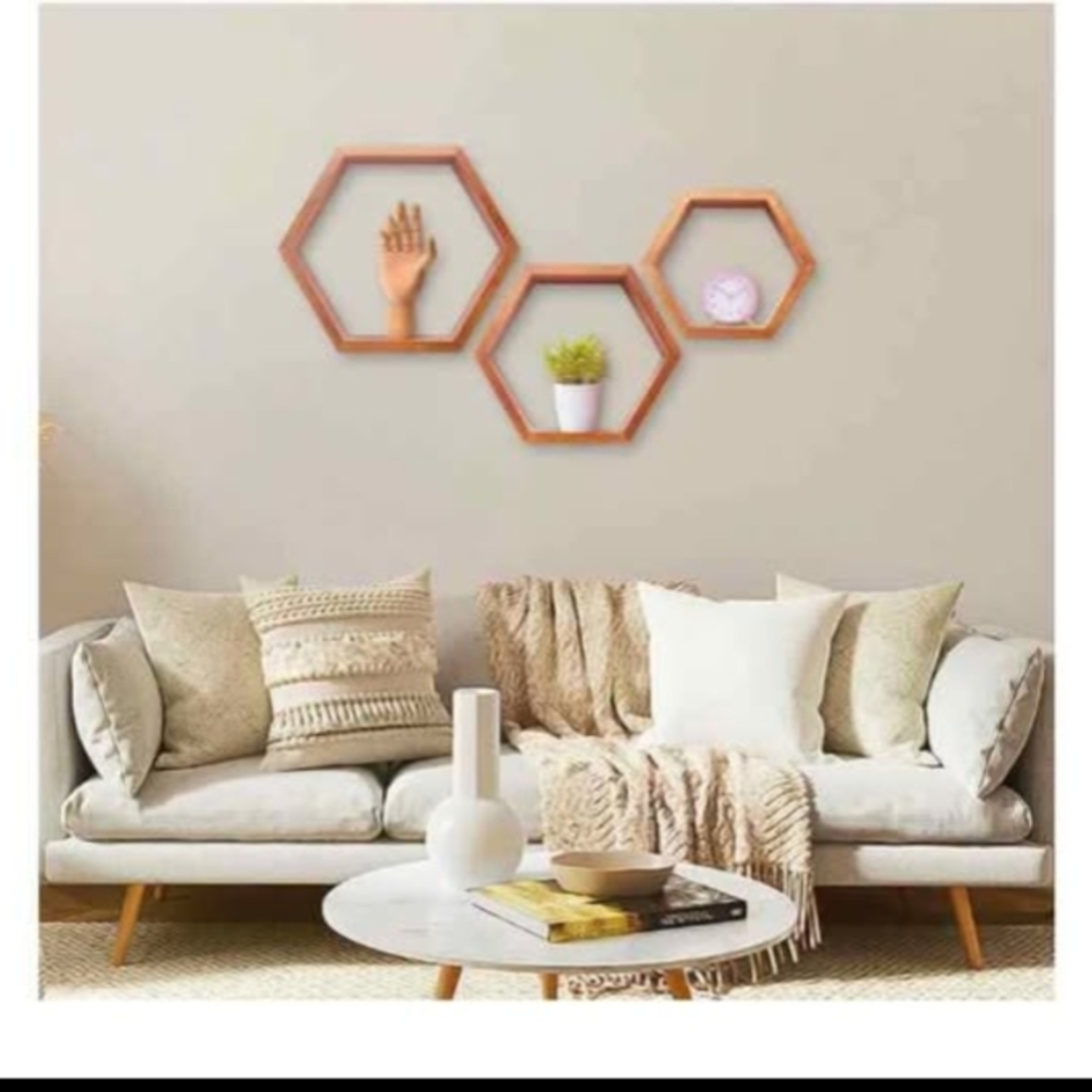 Brand New Set Of 3 Hexagonal Wooden Wall Shelves
